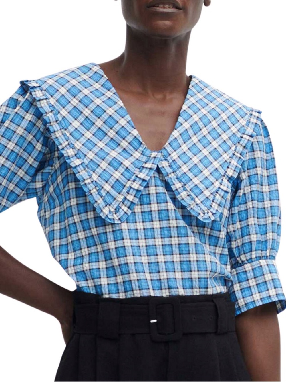 Ganni Seersucker V-neck Blouse in Check Azure w/ Ruffle Collar Women's Top